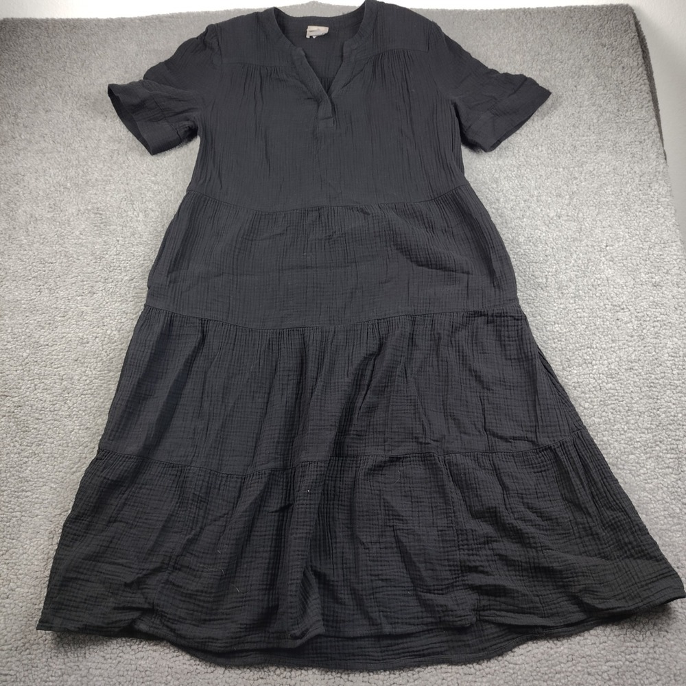 Chicos Tiered Dress Sz Large Short Sleeve Gauze Midi Black Flowy 100% Cotton EUC